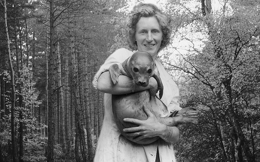 Mevrouw De Haan met een van de zeehonden in haar armen