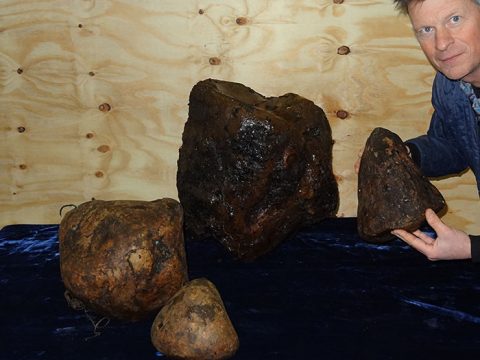 Ecomare-medewerker Pierre Bonnet met de ambergris uit de gestrande potvis