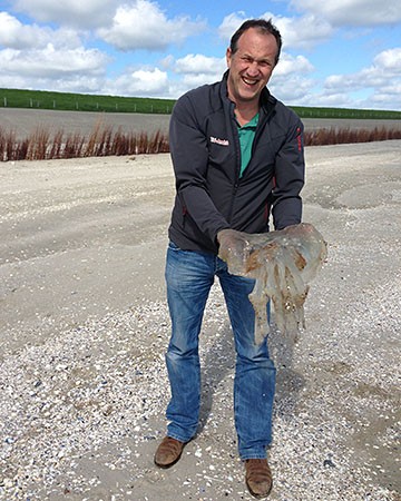 Man met reusachtige kwal op het strand