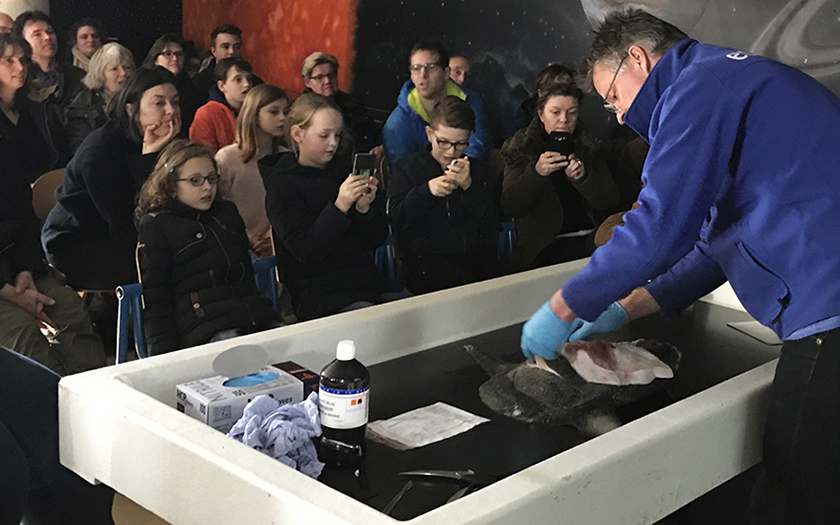 Pierre snijdt vis in demonstratie