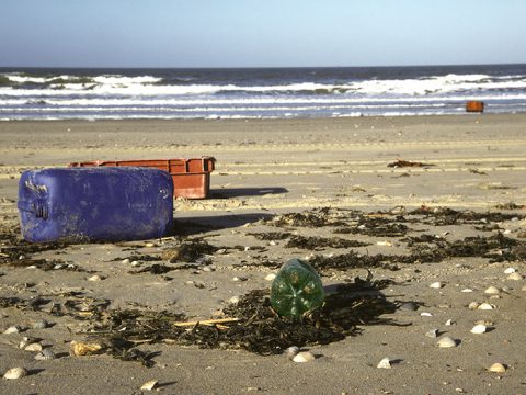 Zwerfvuil in het vloedmerk op strand